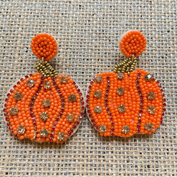 Hand Crafted Jewelry - Beaded orange pumpkins pierced post and dangle Halloween earrings rhinestones